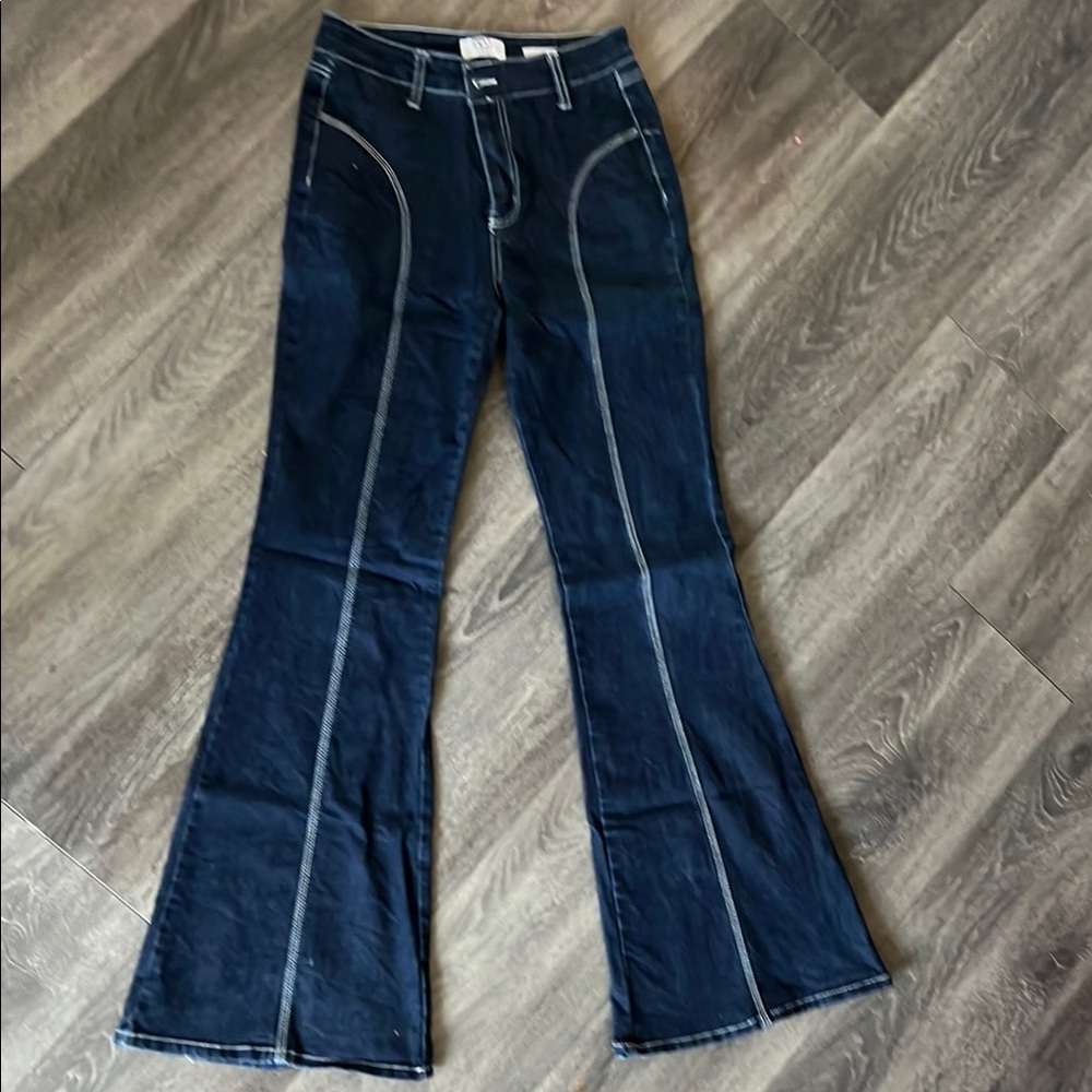 Retro Blue Flare Jeans with Contrast Stitching